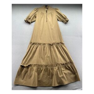 Pomander Place Dress Brown Tiered Cotton Blend Maxi Puff Sleeve Ruffle Neck Sz S